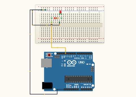 External red LED on Arduino pin 13 through a 220 ohm resistor, with the breadboard minus rail used as the ground bus