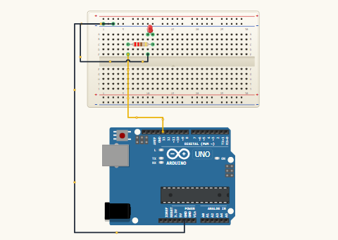 The circuit carried over from lesson 7: a red LED on Arduino pin 13 through a 220 ohm resistor, returning through the breadboard minus rail to GND