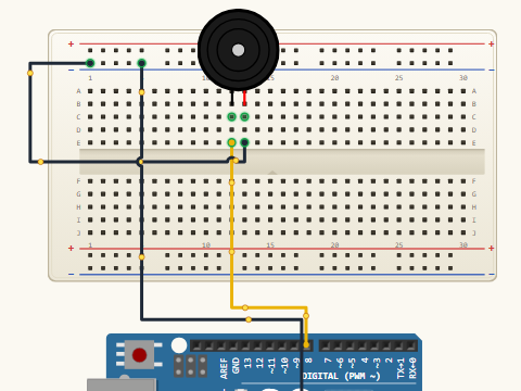 Breadboard view. A piezo buzzer between Arduino pin D8 and ground, returning through the breadboard's minus rail