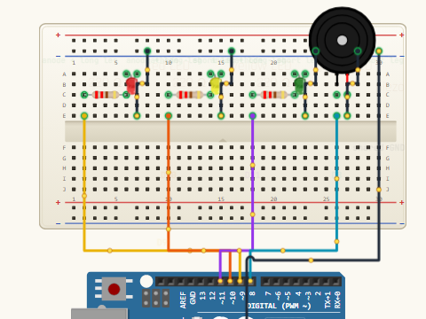 Breadboard view. Three LEDs on pins D9, D10 and D11, each through a 220 ohm resistor, plus a piezo buzzer on D8, all sharing the minus rail as a ground bus