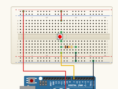 Breadboard view. A push button between 5 V and pin D7, with a 10 kilohm pull-down resistor from D7's node to ground