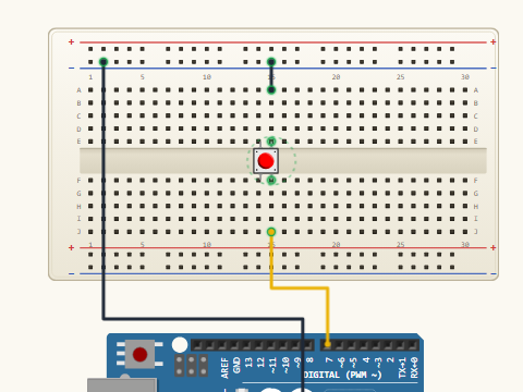 Breadboard view. A push button between pin D7 and ground, with the ATmega's internal pull-up resistor holding D7 high while the button is open