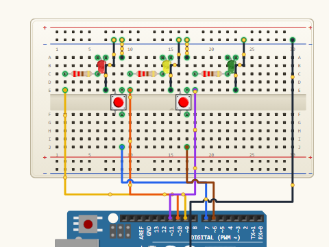 Breadboard view. Three LEDs on D9, D10 and D11 through 220 ohm resistors, plus two INPUT_PULLUP buttons on D7 and D6, all sharing the minus rail as a ground bus