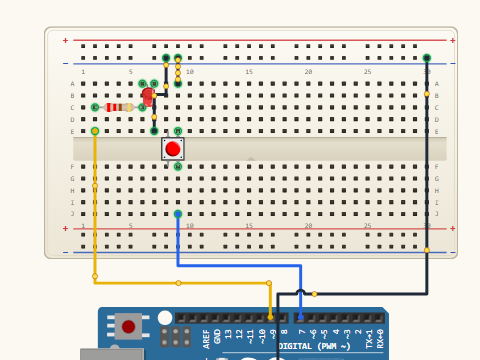 Breadboard view. A red LED on pin D9 through a 220 ohm resistor, and an INPUT_PULLUP button on pin D7, both returning to the shared ground rail