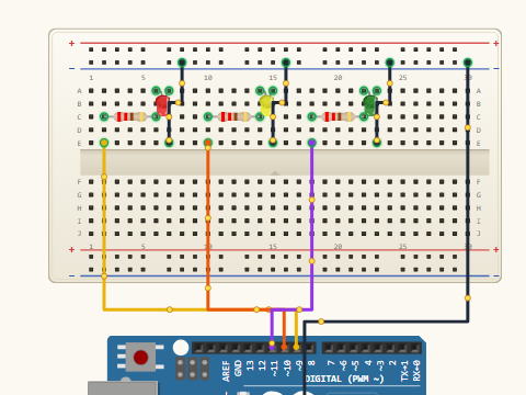 Breadboard view. Three LEDs on pins D9, D10 and D11, each through a 220 ohm resistor, all sharing the minus rail as a ground bus