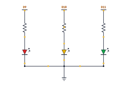 Three LEDs on pins D9, D10 and D11, each through a 220 ohm resistor, all returning to a shared ground bar