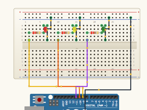 Breadboard view. Three LEDs on pins D9, D10 and D11, each through a 220 ohm resistor, all sharing the minus rail as a ground bus