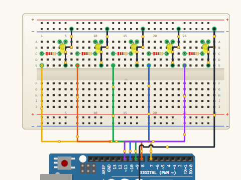 Breadboard view. Five LEDs in a row on pins D7 to D11, each through a 220 ohm resistor, all sharing the minus rail as a ground bus