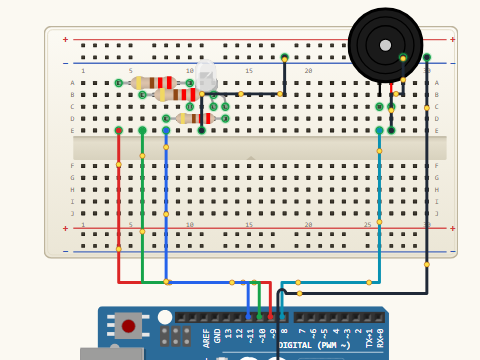 Breadboard view. An RGB LED on D9, D10 and D11 through three 220 ohm resistors, plus a piezo buzzer on D8, all sharing the minus rail as a ground bus