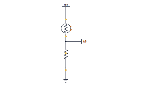 A voltage divider: 5 V at the top, an LDR, a junction tapped by pin A0, a 10 kilohm resistor, and ground at the bottom