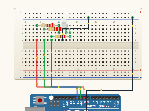 Breadboard view. A common-cathode RGB LED with its R, G and B legs on pins D9, D10 and D11 through 220 ohm resistors, and its common leg on ground