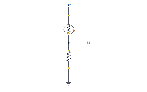 An LDR and a 10 kilohm resistor in series between 5 V and ground, with A1 reading the joint