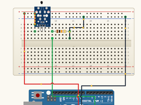 Breadboard view. A thermistor and a 10 kilohm resistor in series between 5 V and ground, with A0 reading the joint between them