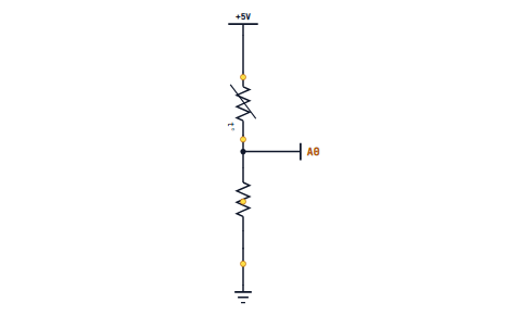 A thermistor and a 10 kilohm resistor in series between 5 V and ground, with A0 reading the joint