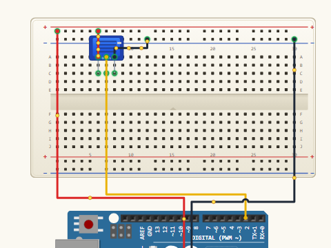 Breadboard view. A three-pin DHT11 module with VCC on 5 V, DATA on pin D2 and GND on ground