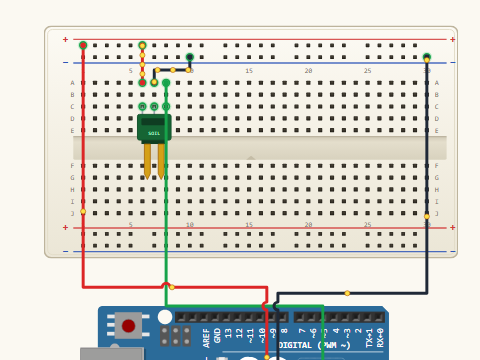Breadboard view. A soil moisture probe with VCC on 5 V, GND on ground and its analog output on A0