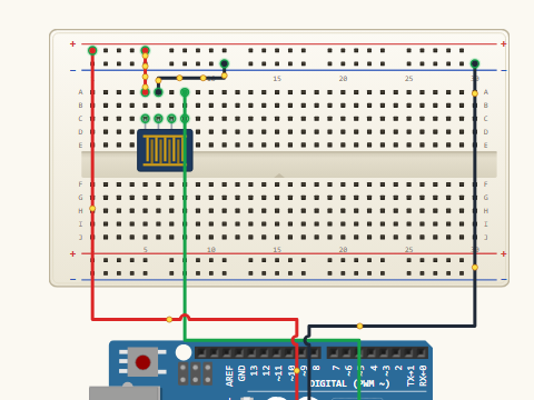Breadboard view. A rain drop sensor with VCC on 5 V, GND on ground and its analog output on A0, its digital output unused