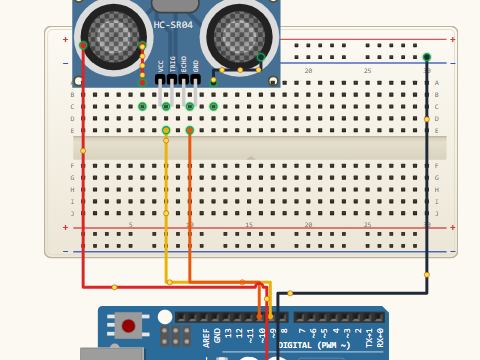 Breadboard view. An HC-SR04 ultrasonic module with VCC on 5 V, GND on ground, TRIG on pin D9 and ECHO on pin D10