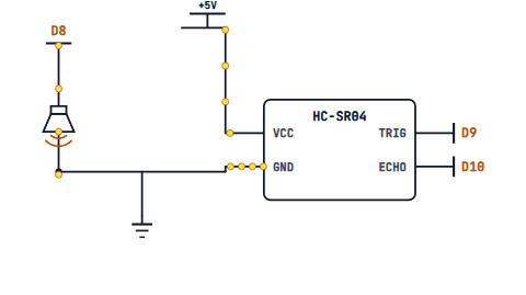 An HC-SR04 on D9 and D10, and a piezo buzzer on D8