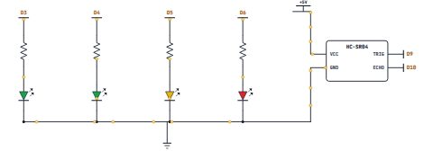 An HC-SR04 on D9 and D10, with four LEDs each through a 220 ohm resistor