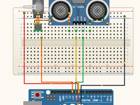 Breadboard view. An SG90 servo on pin D11 and an HC-SR04 ultrasonic module on D9 and D10, both powered from 5 V and sharing one ground