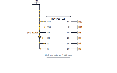 An HD44780 LCD in 4-bit mode: power and backlight to the rails, contrast from a potentiometer, RS and E plus four data lines to Arduino pins