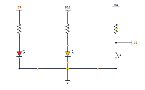 Two LEDs on D9 and D10, and an INPUT_PULLUP button on D2