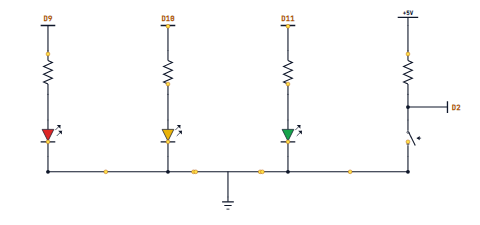 Three LEDs on PWM pins D9, D10 and D11, plus an INPUT_PULLUP button on D2