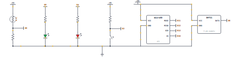 A microSD module on the SPI bus, a DHT11 on D8, an LDR divider on A0, a button on D2 and two LEDs