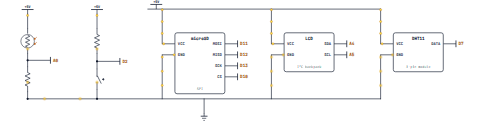 A microSD module, an I2C LCD, a DHT11 on D7, an LDR divider on A0 and a button on D2