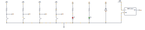 Four INPUT_PULLUP buttons, two status LEDs, a buzzer and a servo