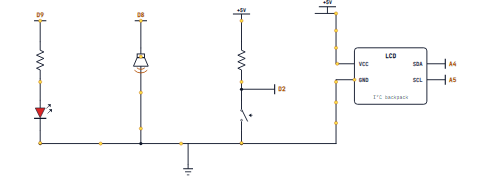An I2C LCD, an LED on D9, a buzzer on D8 and an INPUT_PULLUP button on D2