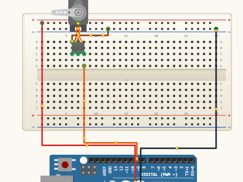 Breadboard view. An SG90 servo with its brown lead to ground, red to 5 V and orange signal lead to pin D9