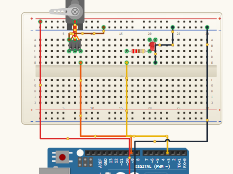 Breadboard view. An SG90 servo on D9 with a 100 microfarad capacitor across the supply, and an LED on D3 through a 220 ohm resistor