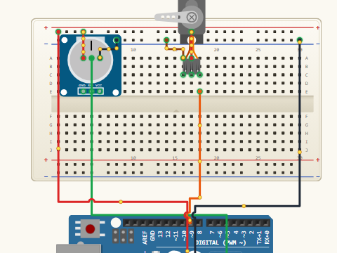 Breadboard view. A potentiometer on A0 and an SG90 servo on D9, sharing 5 V and ground