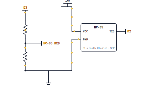 An HC-05 with its TXD straight to D2 and its RXD fed through a 1 k and 2 k divider from D3