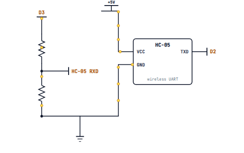 An HC-05 with TXD to D2 and RXD fed through a 1 k and 2 k divider from D3