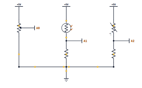 Three analog inputs: a potentiometer on A0 and two dividers on A1 and A2