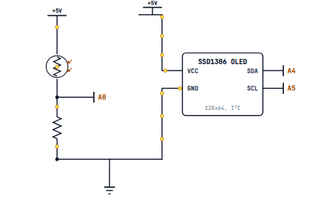 An LDR divider on A0 and an SSD1306 OLED on the I2C bus