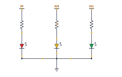 Three LEDs on D9, D10 and D11, each through a 220 ohm resistor