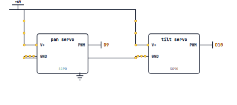 Two servos on D9 and D10, powered from a battery pack rather than the Arduino, sharing one ground