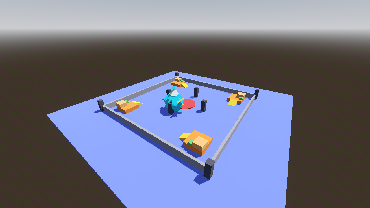 A walled arena with a red boss stage in the middle, cover pillars and orange corner platforms