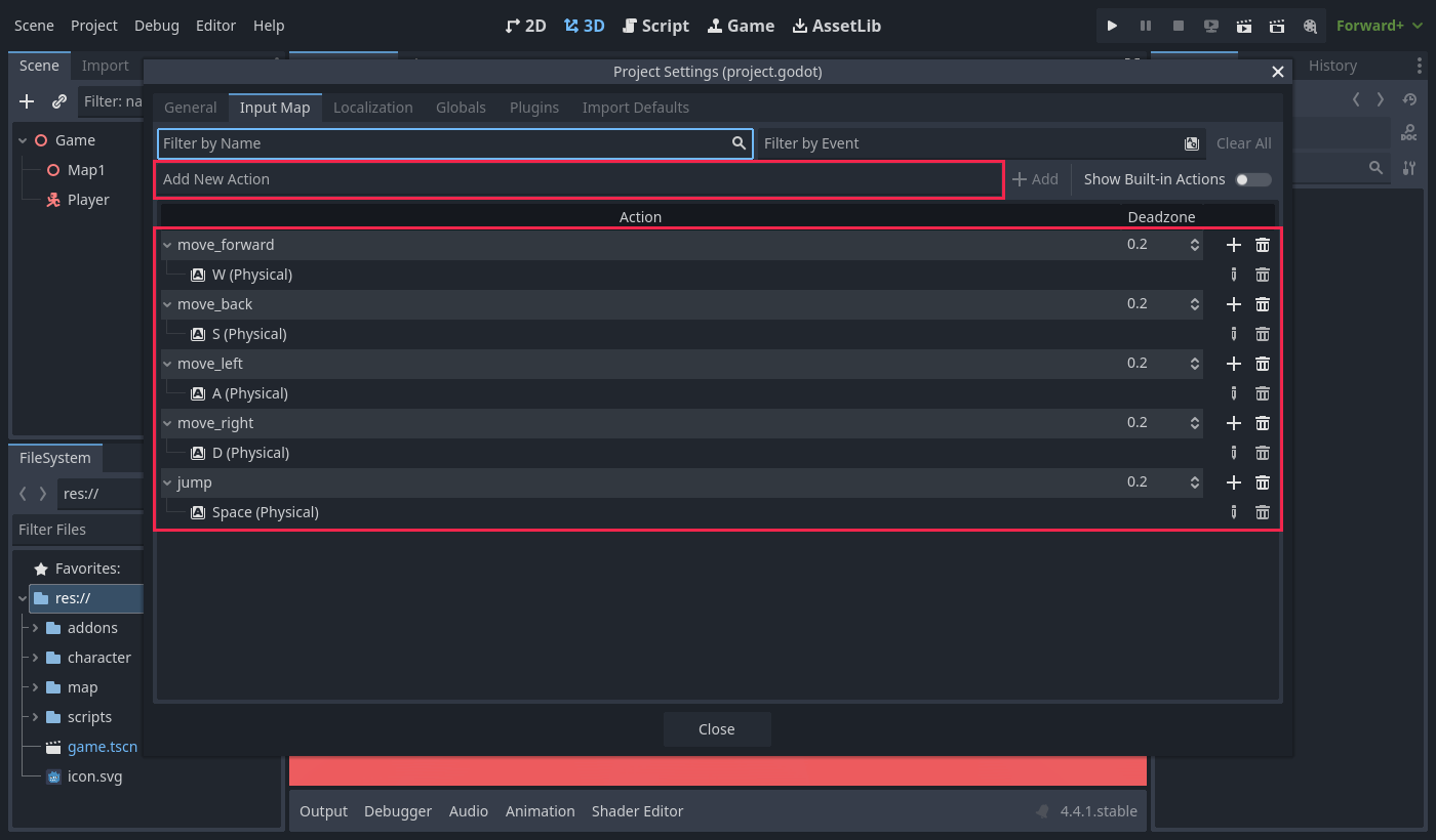 The Input Map with move_forward W, move_back S, move_left A, move_right D and jump Space