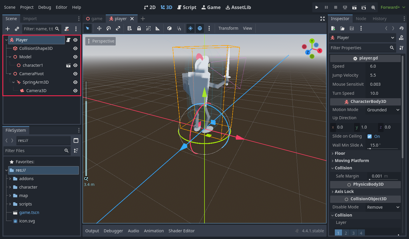 The finished Player scene tree and the knight inside its capsule