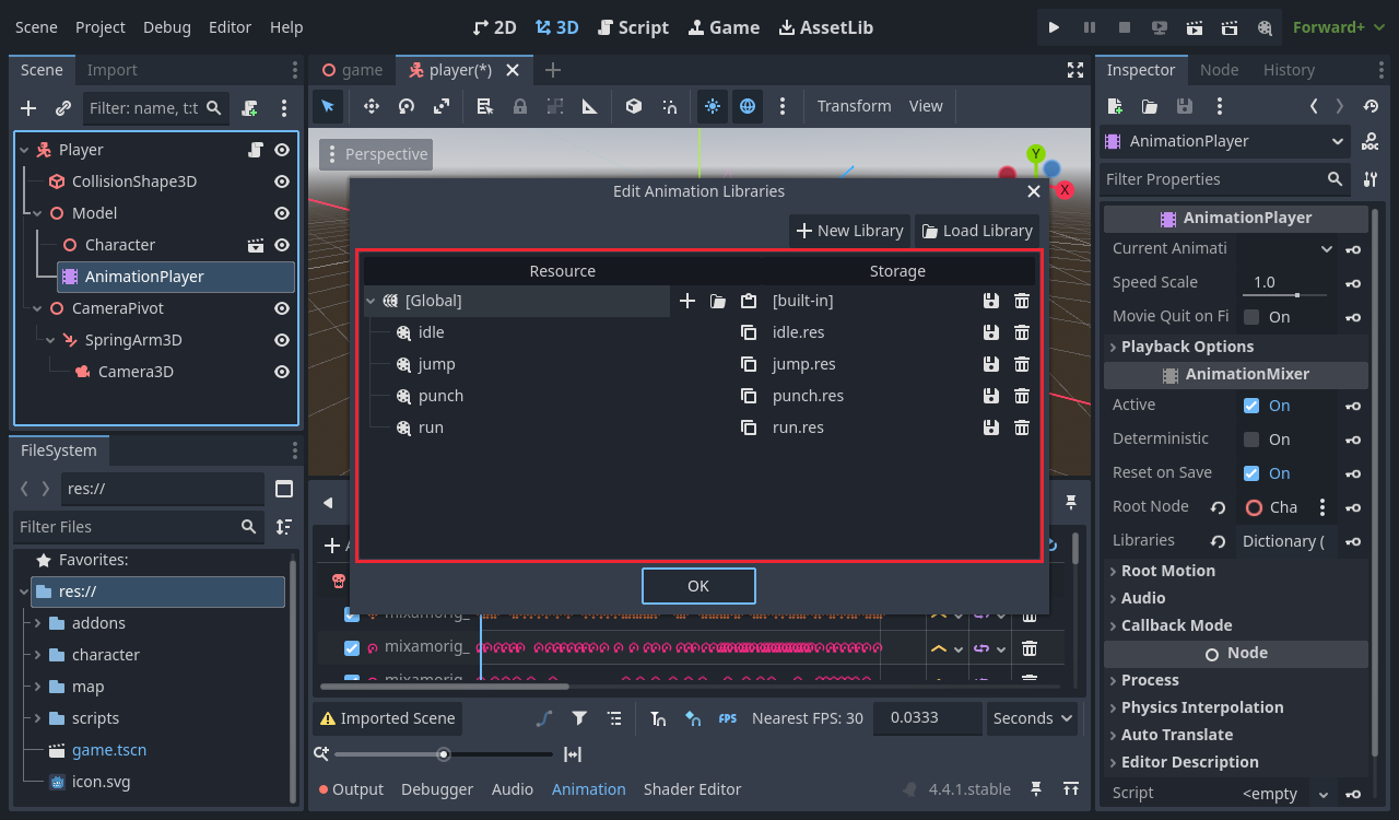 Edit Animation Libraries listing idle, jump, punch and run