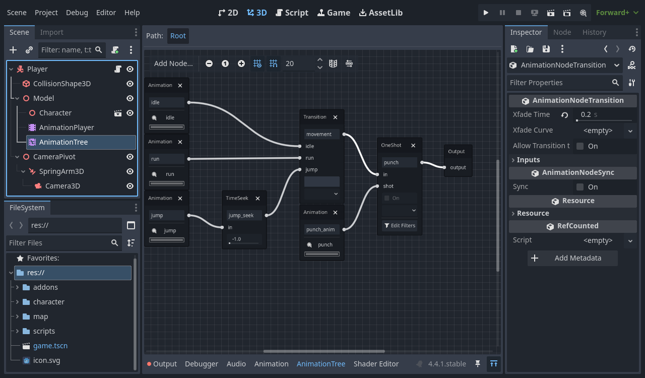 The finished blend tree: idle, run and jump into a Transition, then a OneShot with the punch into Output