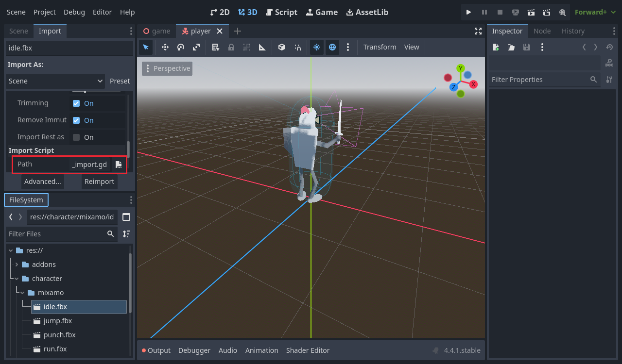 The Import dock for idle.fbx with Import Script Path set to mixamo_import.gd