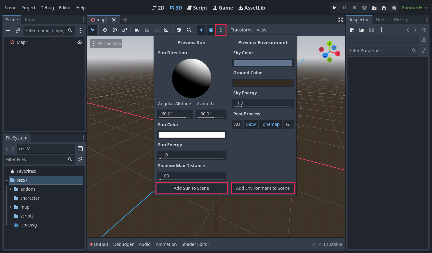 The ⋮ menu in the 3D toolbar with Add Sun to Scene and Add Environment to Scene