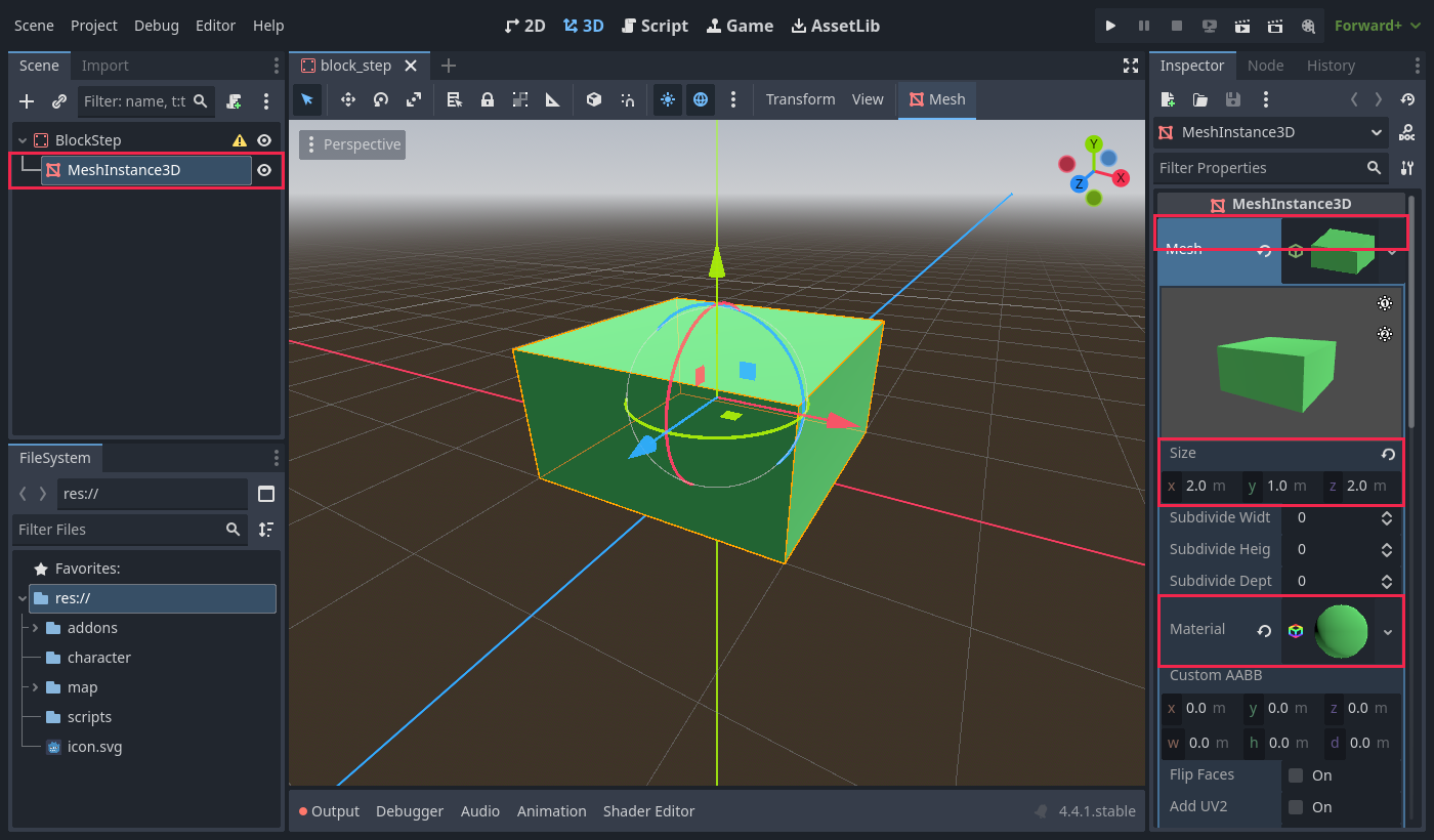 The MeshInstance3D Inspector with a BoxMesh of size 2, 1, 2 and a material