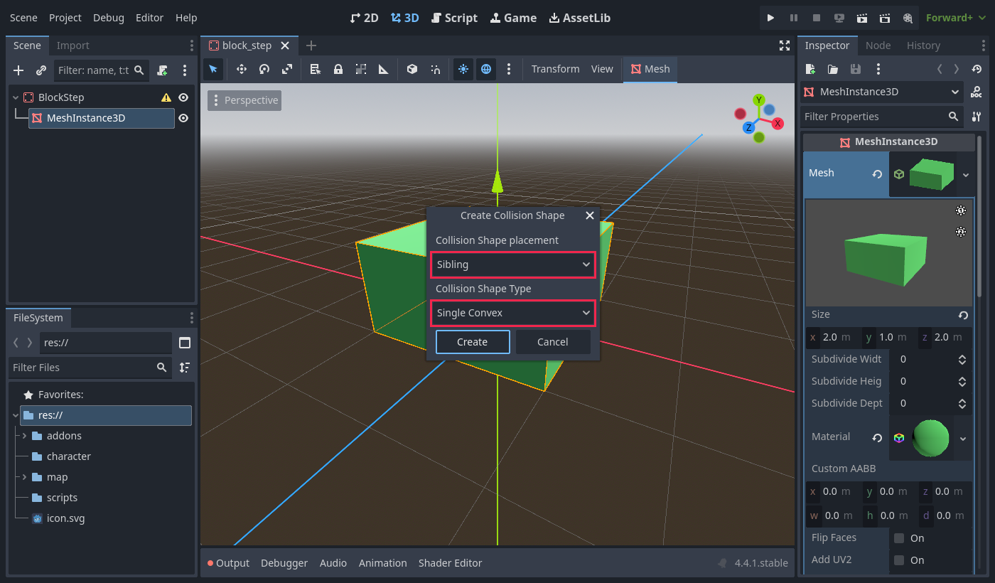 The Create Collision Shape dialog set to Sibling and Single Convex